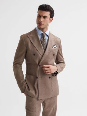 Slim Fit Double Breasted Twill Blazer in Tobacco