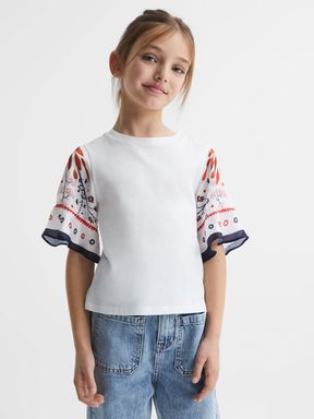 Junior Flared Printed Sleeve T-Shirt in White