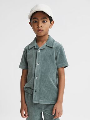 Junior Cuban Collar Ribbed Textured Shirt in Sage