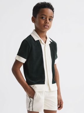 Junior Textured Cuban Collar Shirt in Green/Ecru