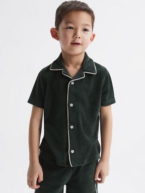 Junior Towelling Cuban Collar Shirt in Green
