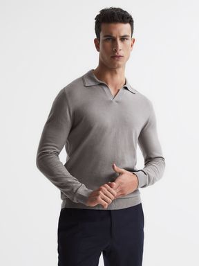 Merino Wool Open Collar Polo Shirt in Flint Grey