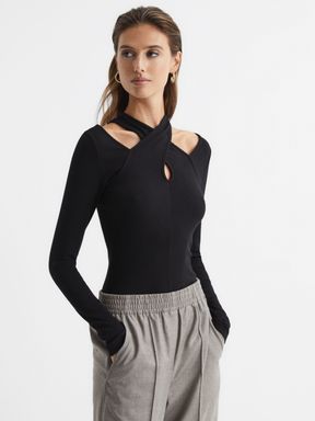 Cross Front Ribbed Jersey Top in Black