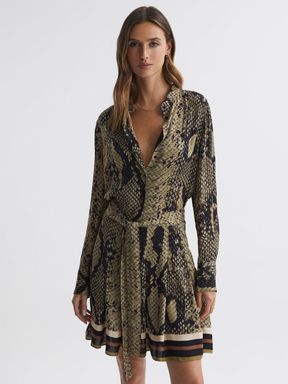 Snake Print Belted Mini Dress in Brown
