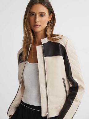 Leather Collarless Quilted Jacket in Black/Neutral