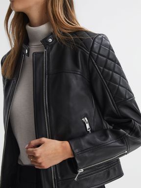 Leather Collarless Quilted Jacket in Black