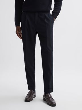 Slim Fit Brushed Wool Trousers in Navy