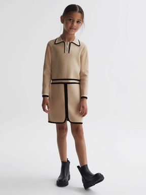 Junior Knitted Polo Dress in Camel