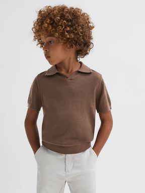 Senior Merino Wool Open Collar Polo Shirt in Brown Sugar