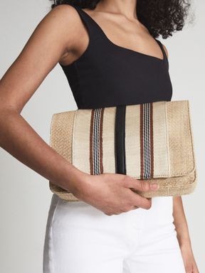 Raffia And Webbing Fold Over Clutch Bag in Natural