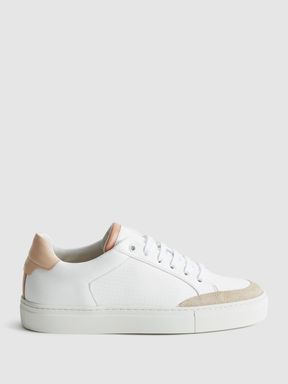 Low Top Leather Trainers in White/Mineral Pink