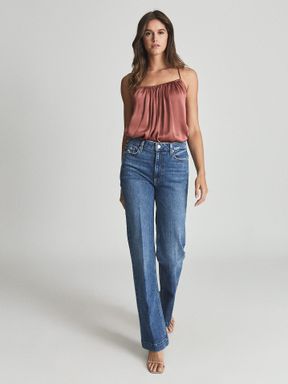 Paige High Rise Flared Jeans in Mid Blue