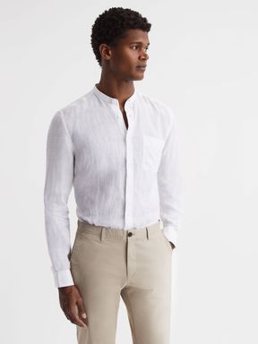 Linen Grandad Collar Shirt in White