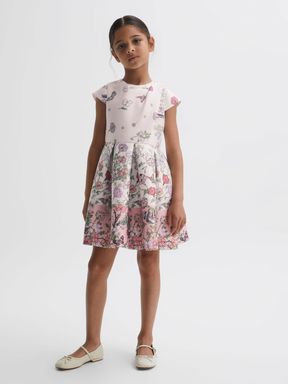 Junior Scuba Floral Printed Dress in Pink