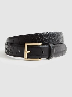 Leather Croc Embossed Belt in Black