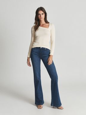 Paige High Rise Flared Jeans in Mid Blue