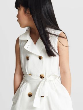 Junior Linen Blend Mini Dress in White