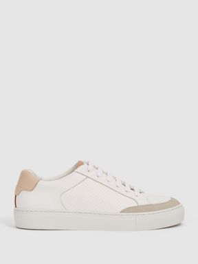 Low Top Leather Trainers in White/Mineral Pink