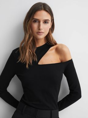 Black Reiss Lucille Fitted Cut-Out Long Sleeve Top