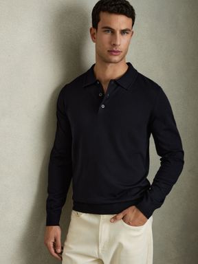 Navy Reiss Trafford Merino Wool Polo Shirt