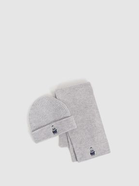 Soft Grey Melange Reiss Talbert Wool Motif Beanie Hat and Scarf Set