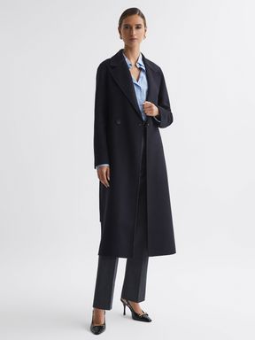 Navy Reiss Lucia Relaxed Double Breasted Wool Blindseam Coat