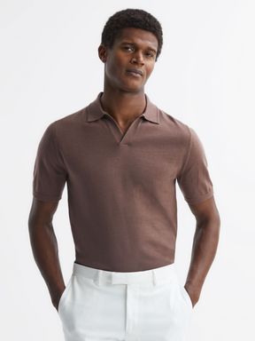 Brown Sugar Reiss Duchie Merino Wool Open Collar Polo Shirt