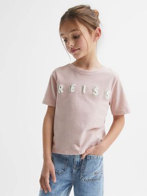 Pale Pink Reiss Bobbi Motif Crew Neck T-Shirt