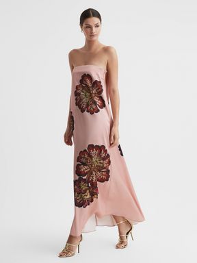Rose Print Significant Other Satin Floral Strapless Maxi Dress