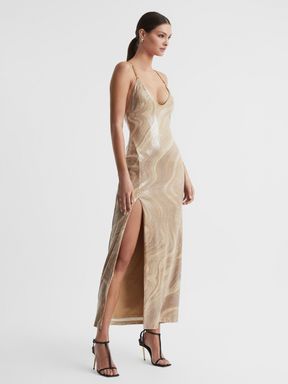 Beige Significant Other Sequin V-Neck Maxi Dress