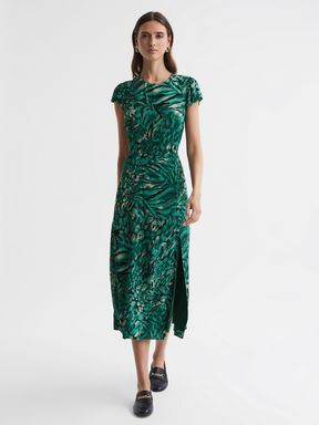 Green Reiss Livia Printed Cut Out Fitted Midi Dress