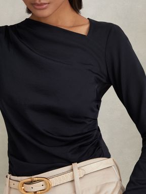 Navy Reiss Sandy Ruched Asymmetric Neck Top