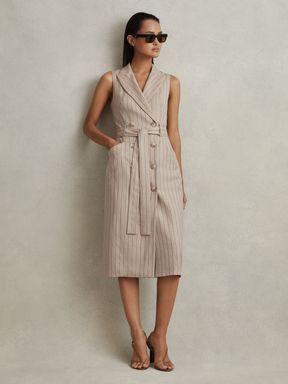 Neutral Reiss Andie Wool Blend Striped Double Breasted Midi Dress