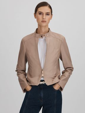 Neutral Reiss Lola Leather Zip-Front Jacket