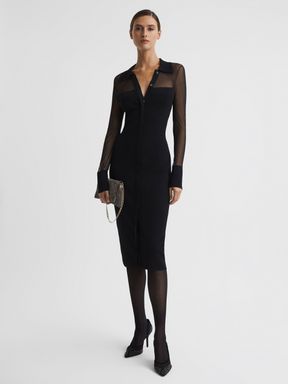 Black Reiss Nala Sheer Knitted Button-Through Midi Dress