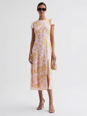 Pink/Yellow Reiss Livia Floral Cut-Out Back Midi Dress
