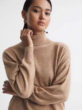 Camel Reiss Mabel Fitted Cashmere Roll Neck Top