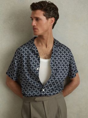 Navy/White Reiss Tintipan Printed Cuban Collar Shirt