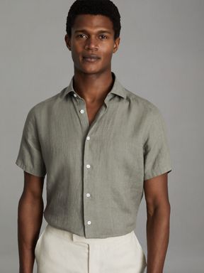 Pistachio Reiss Holiday Slim Fit Linen Button-Through Shirt