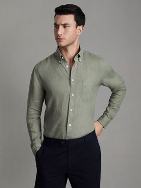 Pistachio Reiss Queens Linen Button-Down Collar Shirt