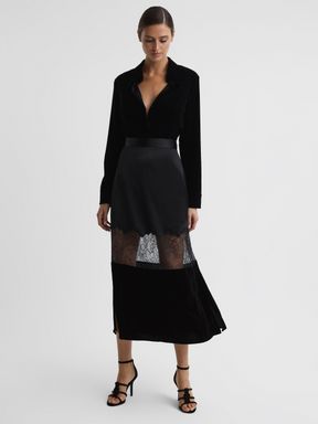 Black Reiss Tilly Fitted Satin-Velvet Midi Skirt