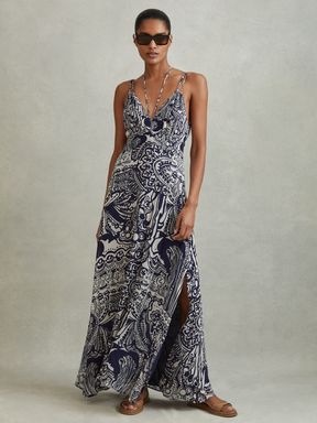 Navy Reiss Quinn Printed Strappy Resort Midi Dress