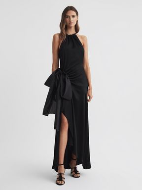 Black Reiss Luna Satin Bow Halterneck Maxi Dress