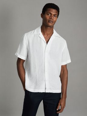 White Reiss Beldi Relaxed Linen Cuban Collar Shirt