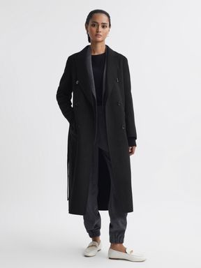 Black Reiss Arla Relaxed Wool Blend Blindseam Belted Coat