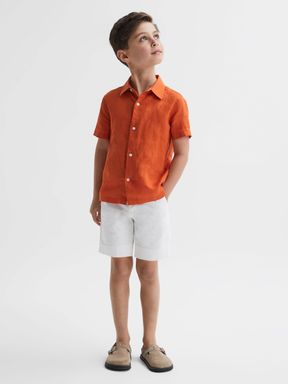 Burnt Orange Reiss Holiday Short Sleeve Linen Shirt