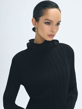 Black Reiss Maggie Fitted Ribbed Ruffle Neck Top