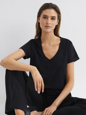 Black Reiss Luana Cotton Jersey V-Neck T-Shirt