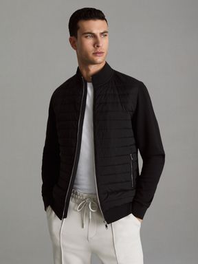 Black Reiss Flintoff Hybrid Quilt and Knit Zip-Through Jacket