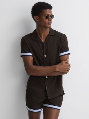 Chocolate/Navy Reiss Valbonne Reiss | Ché Contrast Cuff Cuban Collar Shirt
